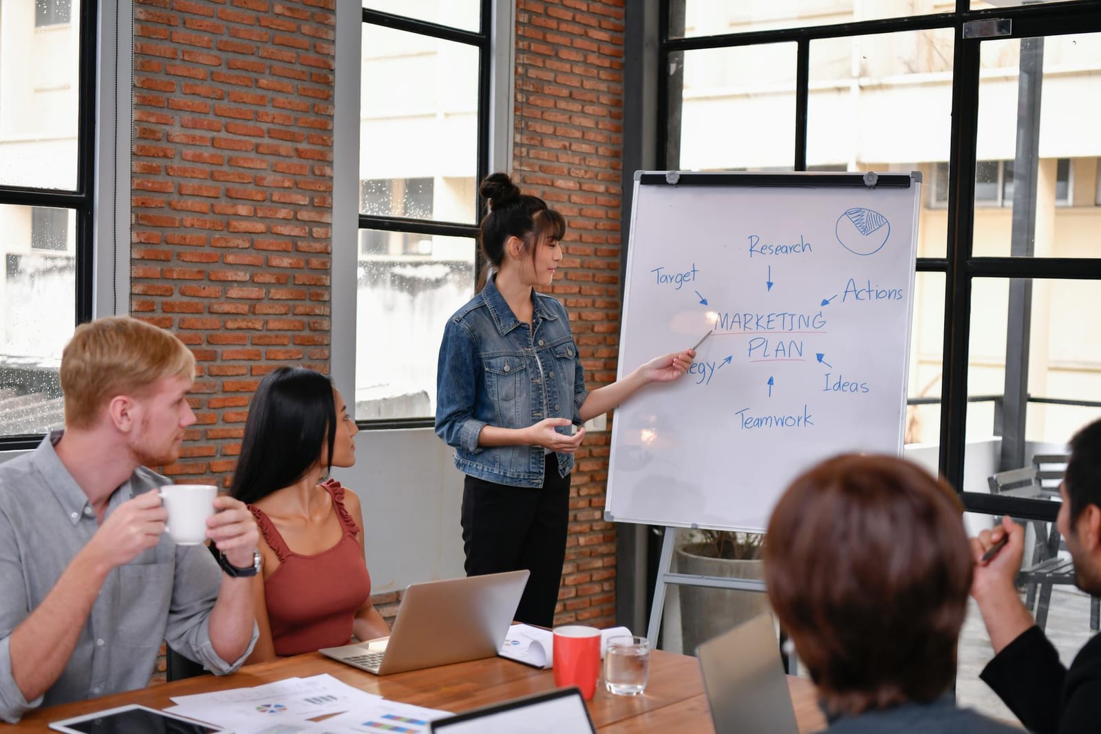 Mulher apresenta um mapa mental de plano de marketing em flipchart para colegas sentados à mesa